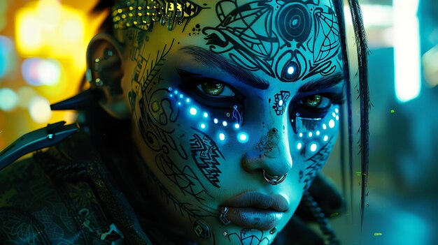 Молодая женщина в стиле киберпанка с татуировками на лице и светящимися глазами, на ней черная кожаная куртка.