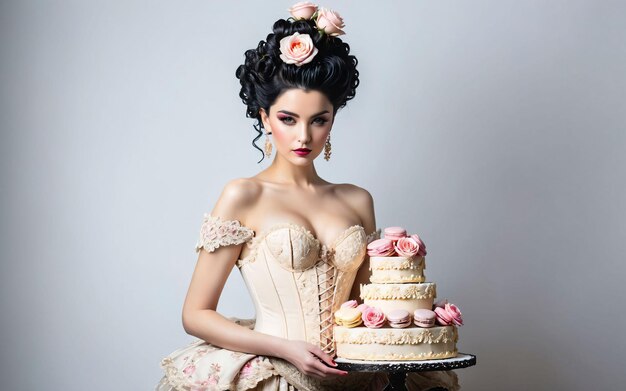 Young woman with dessert Updo baroque hairstyle