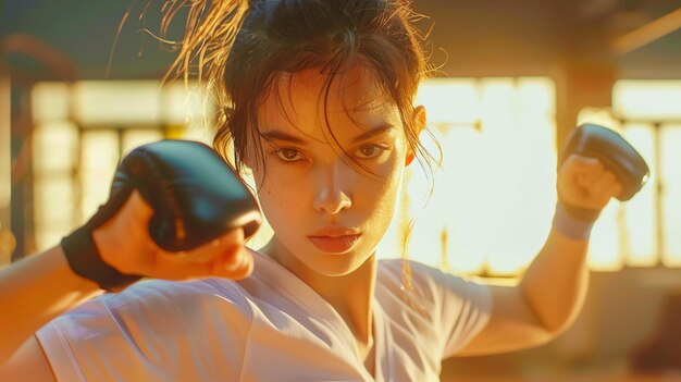 Photo a young woman with a determined look on her face is practicing karate