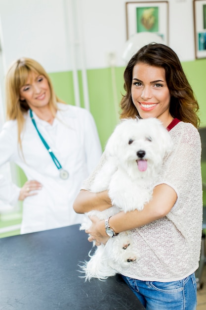 Giovane donna con un cane al veterinario