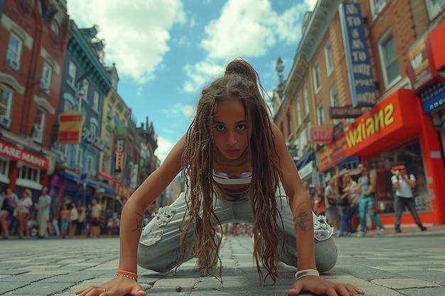 young woman with dreadlocks in the middle of the road