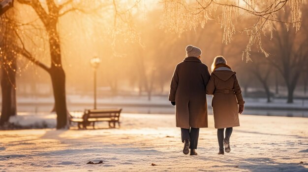 Young Woman With Elderly Grandmother In Park In Winter Help For The Elderly During Winter