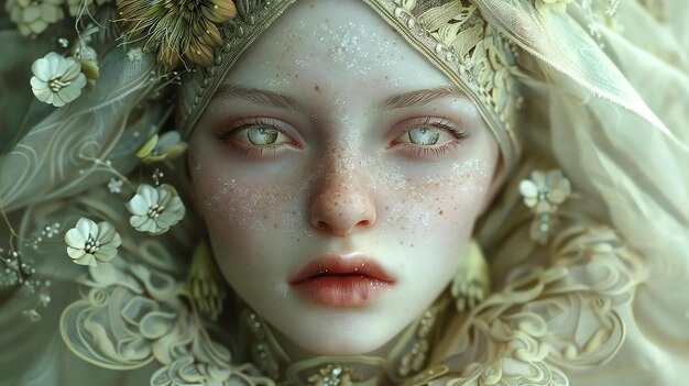 Фото Молодая женщина с эфирной красотой и светящимися глазами, окруженная цветами и носящая золотой головной убор.