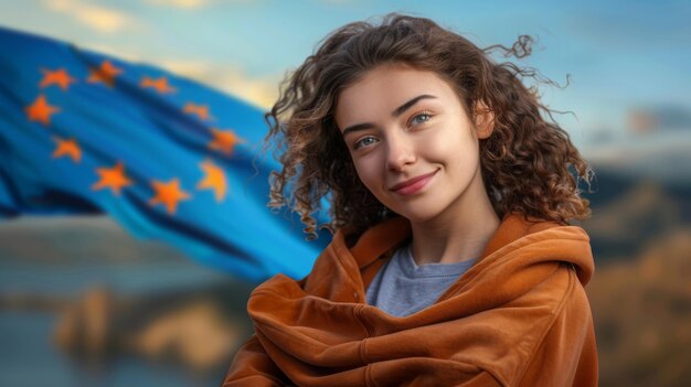 Photo young woman with the eu flag in the background concept of schengen via and studying in the european