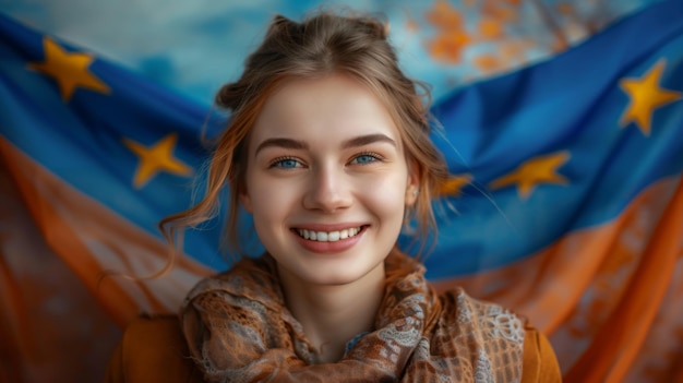 Young woman with the EU flag in the background Concept of Schengen via and studying in the European