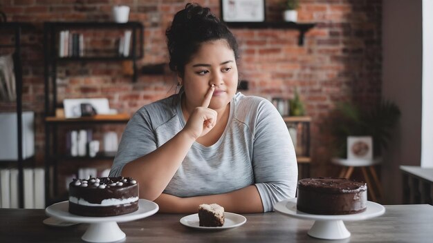 Young woman with excess weight in sporty top thoughtfully choosing between pepper and chocolate cak