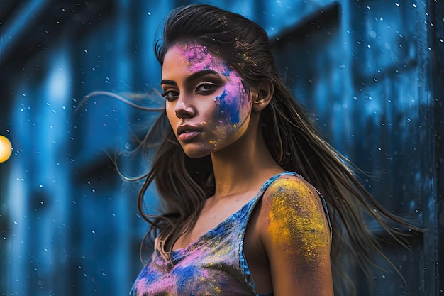 A young woman with a face covered in paint is