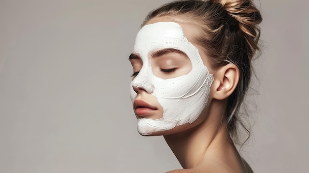 Young woman with facial clay mask on his face studio background