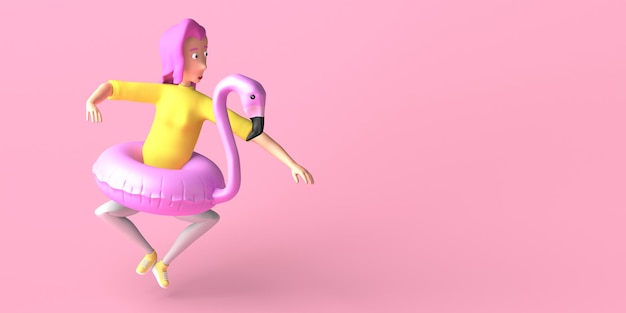 Young woman with flamingo float Summer concept Copy space 3D illustration