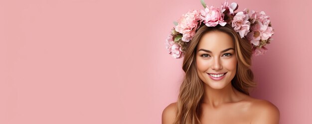 Photo young woman with floral head wreath looking at camera while standing against purple generative ai