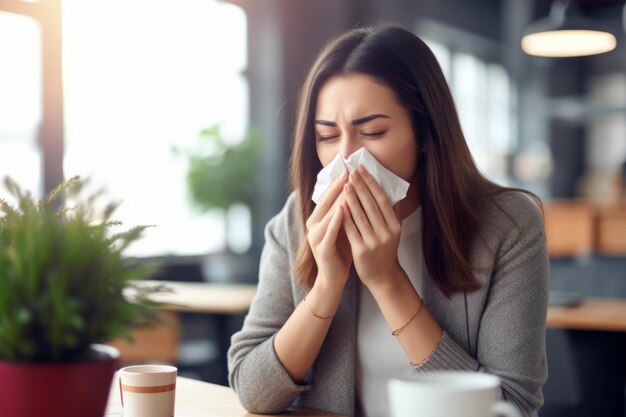 독감에 걸린 젊은 여성이 알레르기 시즌 동안 불편함 때문에 코를 풀고 있다