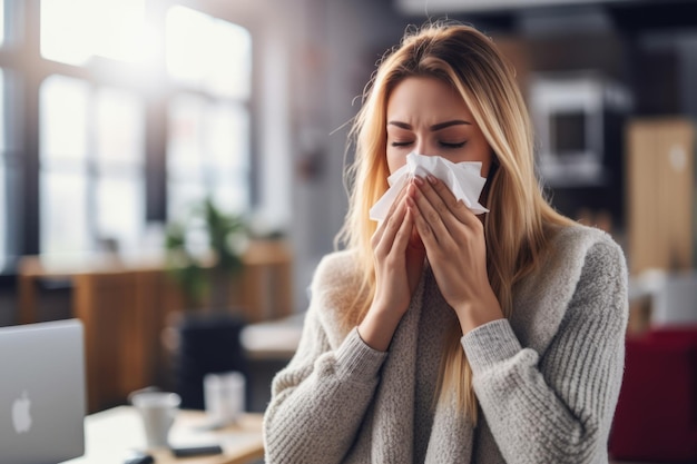 Photo young woman with the flu blowing her nose using a tissue from discomfort during allergy season