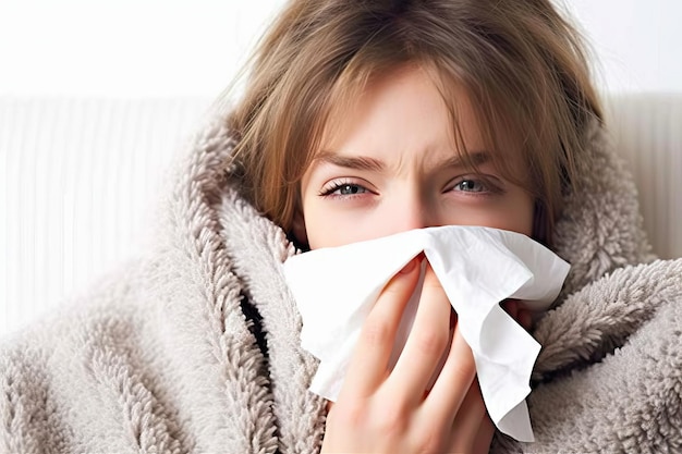 Young Woman with Flu Symptoms Sneezing at Home