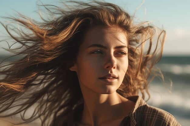 写真 の毛が飛ぶ若い女性