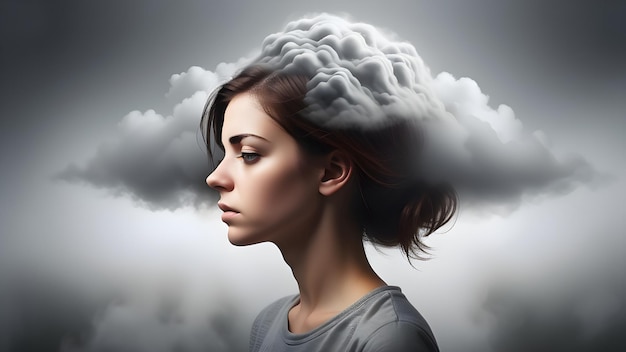 Young woman with fog and clouds in her head Concepts related to depression solitude and mental we