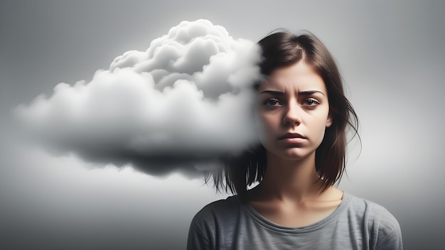 Young woman with fog and clouds in her head Concepts related to depression solitude and mental we