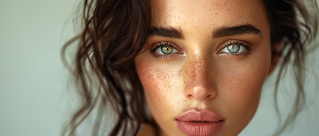 Young woman with freckles and blue eyes beauty portrait