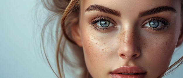 Young woman with freckles and blue eyes beauty portrait