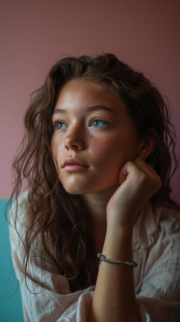 A young woman with freckles on her face