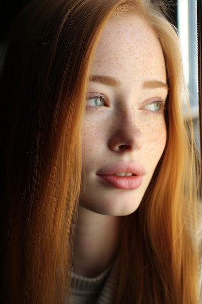 a young woman with freckles looking out the window