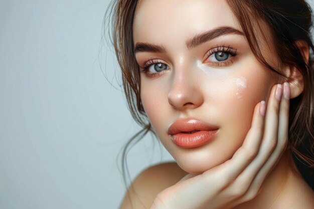 Young woman with fresh skin receiving facial treatment at spa