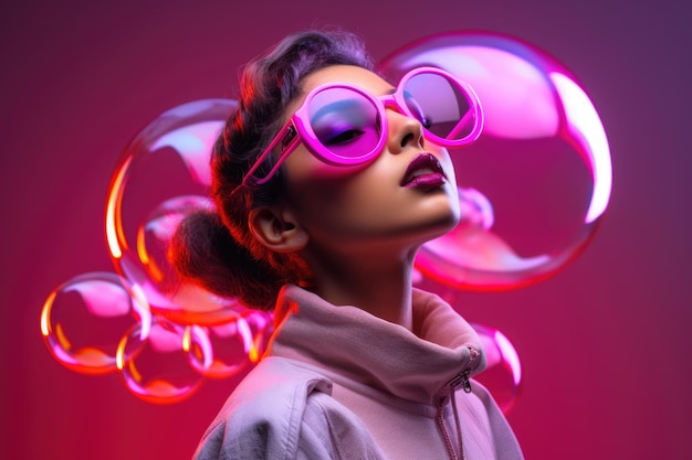 Young woman with futuristic glasses blowing bubble against neon colored background