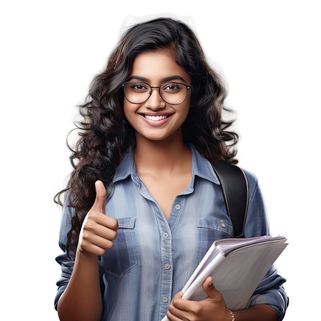 A young woman with glasses and a backpack holds a book and shows a thumbs up