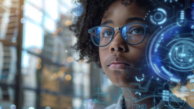 a young woman with glasses looks at a digital display