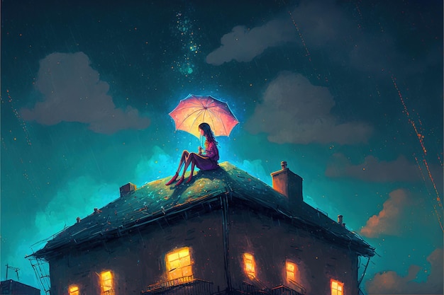 Young woman with a glowing umbrella sitting on top of the building against the starry sky digital art style illustration painting fantasy concept of a woman with umbrella