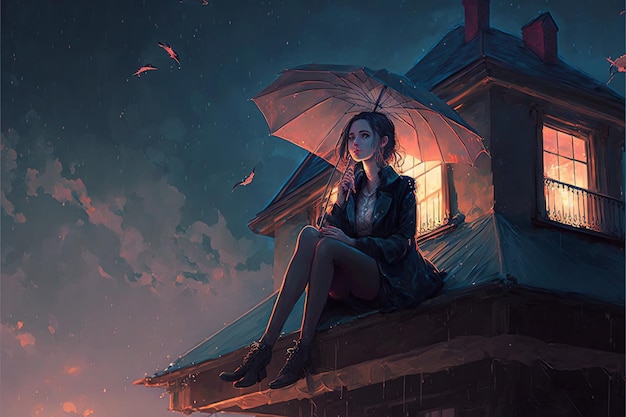 별이 빛나는 하늘 디지털 아트 스타일 일러스트레이션을 배경으로 건물 꼭대기에 앉아 빛나는 우산을 가진 젊은 여성 우산을 든 여성의 판타지 개념