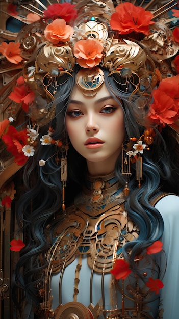 Young woman with gold decoration and red flowers on her head goddess as a princess concept