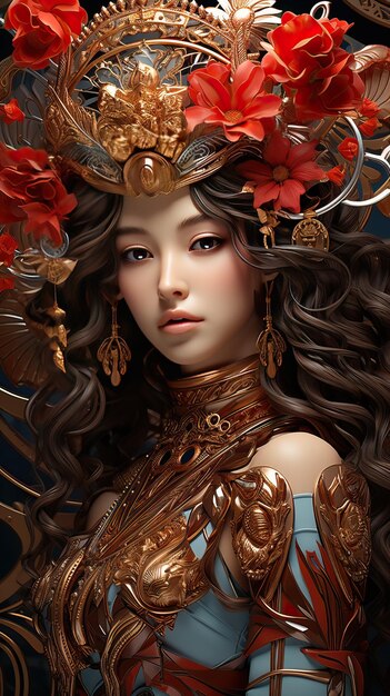 Young woman with gold decoration and red flowers on her head goddess as a princess concept