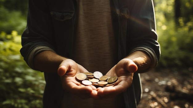 Foto giovane donna con una moneta d'oro in mano primo piano denaro e concetto di finanza