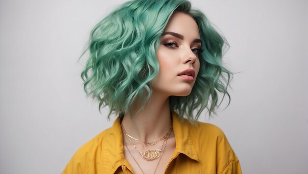 young woman with green hair isolated on bright white background