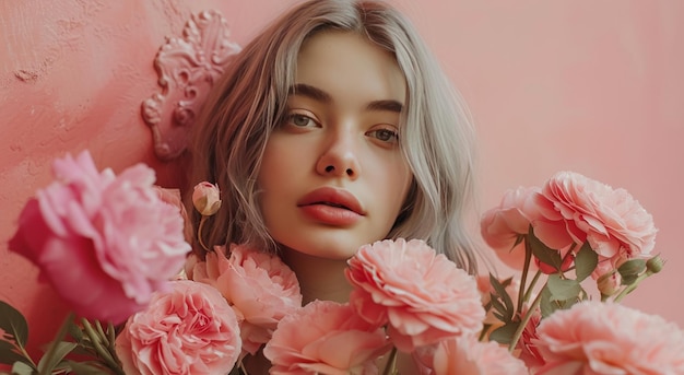 Photo a young woman with grey hair holds a bouquet of pink flowers