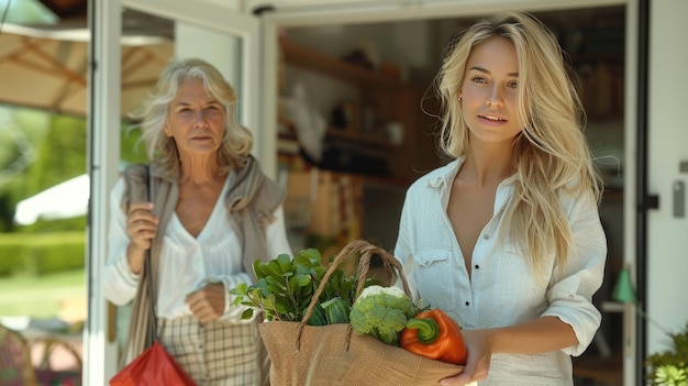 Young Woman with Grocery Bag and Senior Woman Exiting House