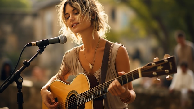 young woman with guitar in concert