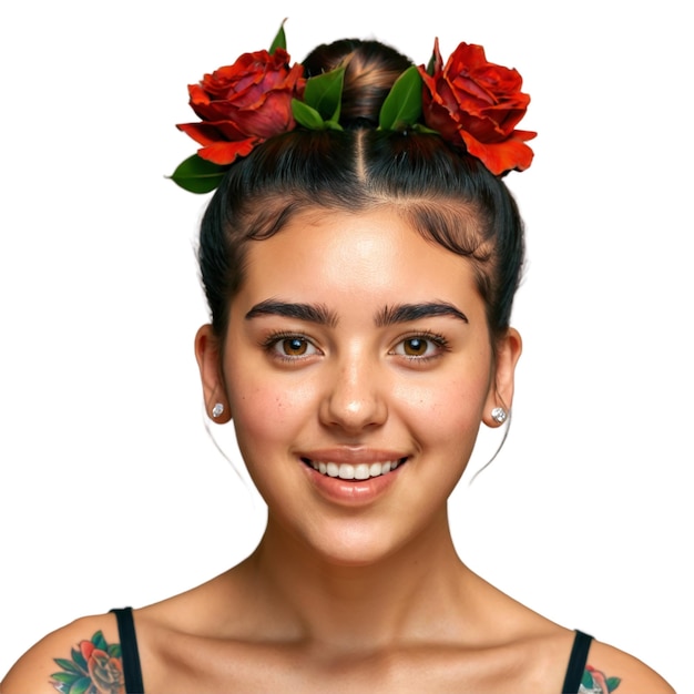 写真 赤い顔で花のタトゥーをかぶった若い女性 沸騰する目 喜びの口 エッセンス