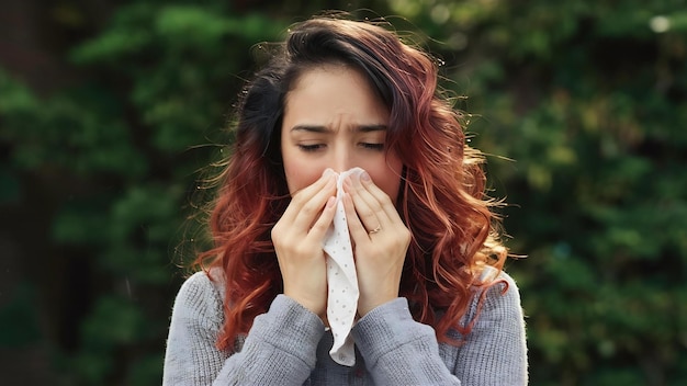 Young woman with handkerchief having cold