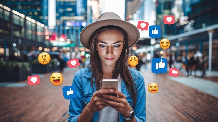 Photo young woman with hat looking at smartphone surrounded by social media reactions on a blurred city b