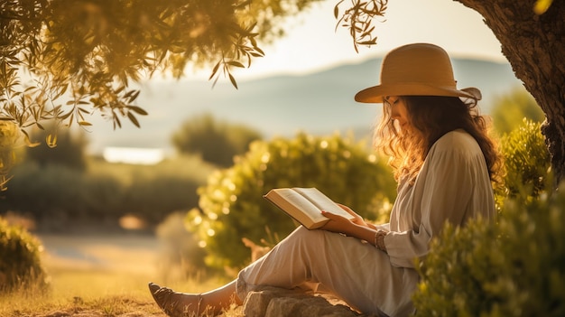 帽子をかぶった若い女性が木の下で本を読み背景に自然風景を描いています