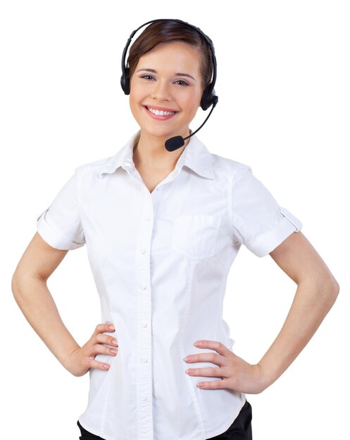 Young woman  with headphones, call center or support concept