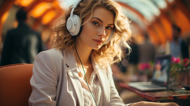 young woman with headphones and cup sitting in cafe and listening to music