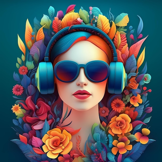 배경 3d 사이키델릭 리얼리즘 음악 개념에 헤드폰과 꽃을 가진 젊은 여성