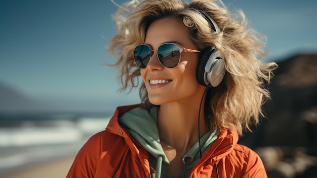 Photo young woman with headphones and glasses walking along the beach