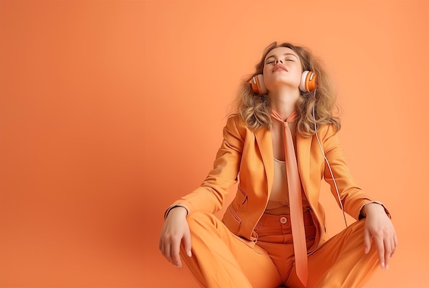 Young woman with headphones on head Orange clothes Clean empty background