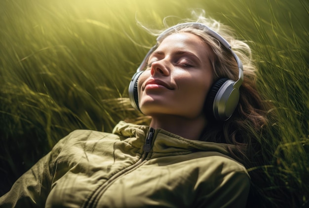 リラックスした瞬間に緑の草の上に横たわるヘッドフォンを持つ若い女性