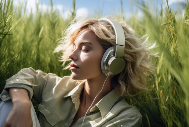 Young woman with headphones laying on green gras in a relaxing moment