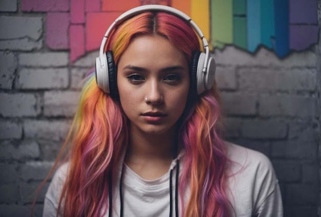 Photo young woman with headphones portrait