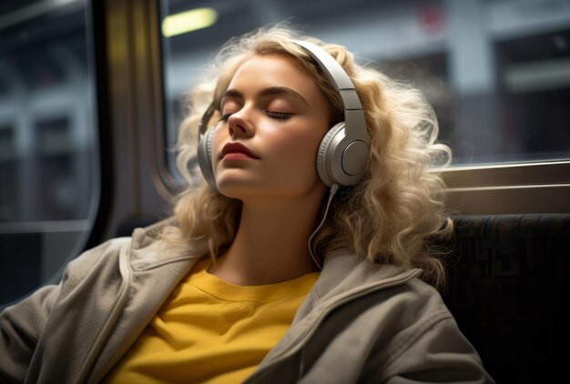 기차 여행 중에 헤드폰을 끼고 휴식을 취하는 젊은 여성